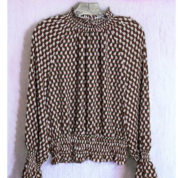 NWT Worthington Blouse Boho Chic Trendy Shirred High Neck Balloon Ruffle LS S m - Picture 1 of 9